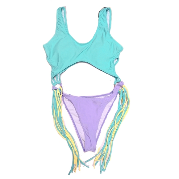 NWT Boutique Womens M Violet & Aqua Color Block Side Fringe Monokini - Picture 2 of 4